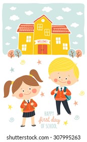 Happy first day of school card design. Kids going to school. Smiling boy and girl in school uniforms with backpacks in schoolyard. School building exterior. Cartoon vector illustration in flat style.