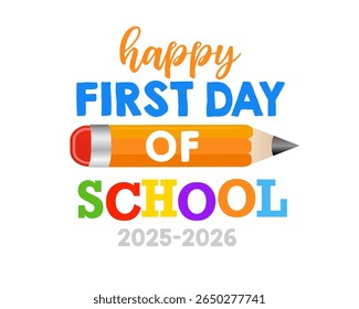 Feliz primeiro dia de escola design de logotipo criativo. De volta à escola 2025 modelo criativo para moldura de foto ou cabine. Ilustração vetorial