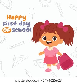 Happy first day of school. Happy little school girl smiling and jumping with her backpack