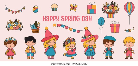 Feliz primer día de primavera elementos de bebé Cute con coloridas ilustraciones de flores. Vector