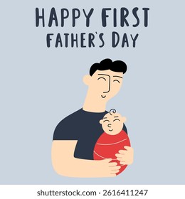 Happy first father's day. Banner design. Dad and child together. Flat design. Illustration.