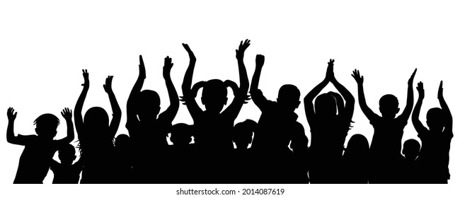 Happy first graders, silhouette of crowd of children. Applauding school children. Vector illustration.