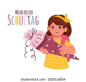 A happy first-grader girl holding a school cone,schultuete.Text in German-my first day of school.Enrolment in the school.German tradition.Illustration for photo album, mug, print on clothing.