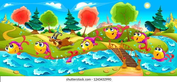 Happy fish are dancing in the river. Vector cartoon illustration for the childhood