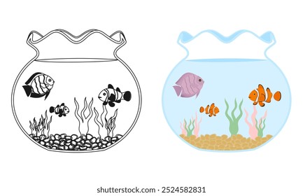 happy fish in the fishbowl aquarium tank vector illustration isolated on white background.