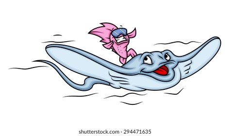 Happy Fish Riding on Stingray
