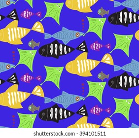 happy fish seamless pattern, texture, background. vector illustration