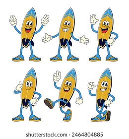 Happy Fish Surfboard Cartoon Character in Different Pose