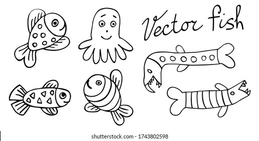 Feliz vector de peces para colorear, animales marinos dibujados a mano de manera infantil, personajes lindos 