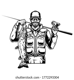 Happy fisher holding fishing rod and pike in vintage monochrome style isolated vector illustration