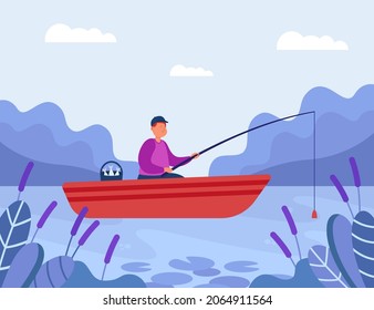 Happy fisher man with fishing rod in boat on lake. Male cartoon character catching fish in river or pond, summer landscape flat vector illustration. Hobby, recreation, nature concept for banner