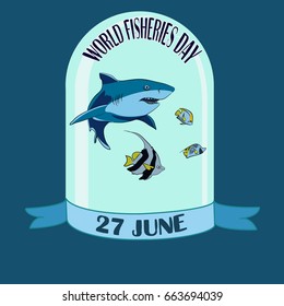Happy fisheries day funny card. Vector illustration for the world fishing holiday with with the shark fish