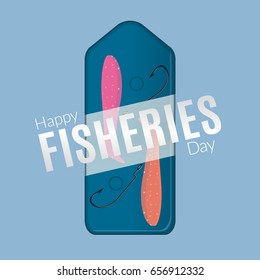 Happy fisheries day illustration. Vector gift set of two twister, hook and circle in the pack isolated on the blue background. Fishing present