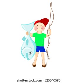 Happy fisherman with australian fish perl perch. Successful tropical fishing. Vector cartoon.