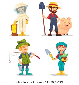 Happy fisherman, Beekeeper, farmer in straw hat with domestic hog pig, gardener woman with shovel and plant pot. Smiling cartoon worker character on white background Vector flat cartoon illustration.