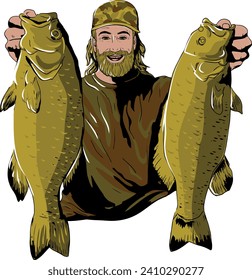 Happy fisherman with big fish, wear a hat long hair, thick mustache and bushy sideburns, beard