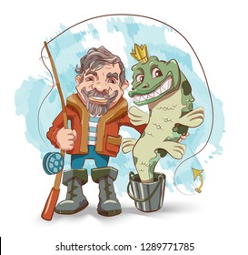 Happy fisherman cartoon character in vector. Fishmen holding fishing rod with caught fish. Illustration on white background. Big Pike in a bucket.