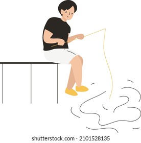 Happy fisherman in casual clothes. Hobby and leisure activity concept