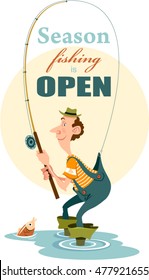 Happy fisherman caught himself spinning. Fishing season is open. Isolated on white background. Vector retro styled illustration.