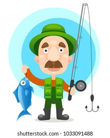 Happy fisherman character hold big fish. Vector flat cartoon illustration