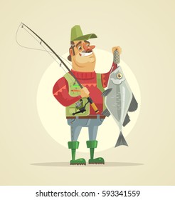 Happy Fisherman Character Hold Big Fish. Vector Flat Cartoon Illustration