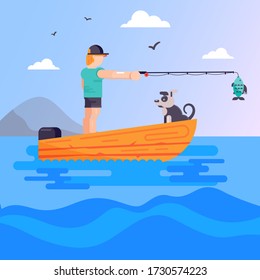 Happy fisherman with dog standing in boat on vector nature cartoon outdoor character hobby illustration. Man with fishing rod in hands catch fish on river. Fishing active summer water banner concept.