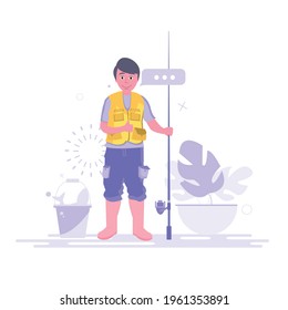 Happy fisherman. Fishing concept. fish in a bucket. Modern vector illustration