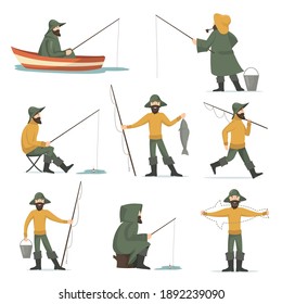 Happy fisherman with fishing rod flat set for web design. Cartoon man fishing in boat and showing fish isolated vector illustration collection. Hobby and leisure activity concept