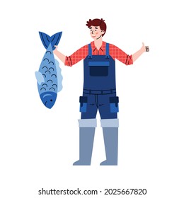 Happy fisherman hold big catch fish in hand and showing sign thumb up. Hobby and leisure, adventure and trip in fishing season. Vector illustration isolated on a white background