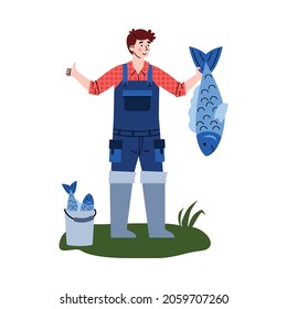 Happy fisherman hold big catch fish in hand and gestures with thumbs up sign. Hobby and leisure, adventure and trip in fishing season. Vector flat isolated illustration