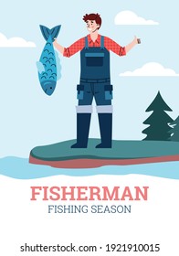 Happy fisherman hold large catch fish in hand and showing sign thumb up. Poster with advertise of hobby and leisure, adventure and trip in fishing season. Vector flat illustration.