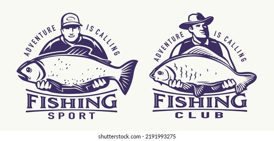 Happy fisherman holding big fish in hands. Fishing emblem, badge set. Outdoor activities concept vector illustration