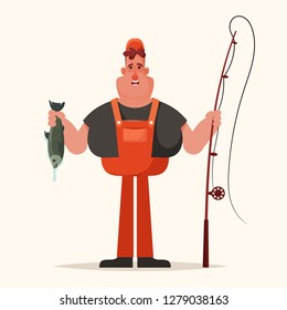 Happy Fisherman Holding a Fish. Cartoon Style. Vector Illustration