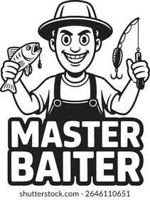 Happy fisherman holding a fish and fishing rod