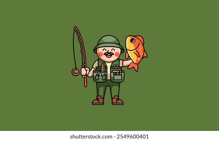 Happy fisherman holding a fishing rod and a large fish.