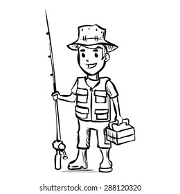 Happy fisherman holding a fishing rod. Hand drawn vector illustration. Isolated on white.