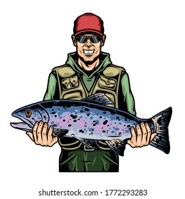 Happy fisherman holding rainbow trout fish in vintage style isolated vector illustration