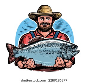 Un pescador feliz sostiene al pez gordo en sus manos. Pesca deportiva, ilustración vectorial del emblema