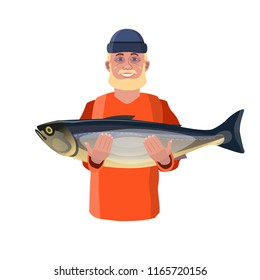 Feliz pescador mostrando peces grandes. Ilustración de vectores aislada en fondo blanco