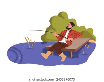 Happy fisherman sits, relaxes on wooden pier, catches fish in pond. Alone fisher holds fishing rod in hands, angling in dock. Outdoor male hobby. Flat isolated vector illustration on white background