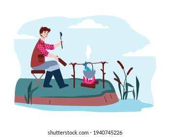 Happy fisherman sitting on shore river and cook fish soup from catch bonfire.