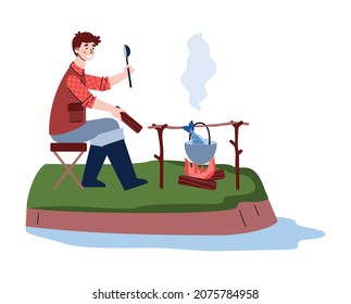 Happy fisherman sitting on shore with catch and cook fish soup bonfire. Trip, adventure, hobby, outdoor activity and leisure in fishing season. Flat vector isolated illustration.