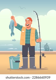 Happy fisherman stands against the backdrop of the sea and holds a fish that he has caught with a bait. Male hobby and pleasant pastime. Vector illustration in flat style