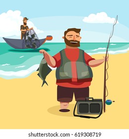 Happy fisherman stands and holds in hand fishing rod with spinning and fish catch, bag with fishman spin and equipment, funny cartoon vector illustration, Man active vacation banner or Flyer concept