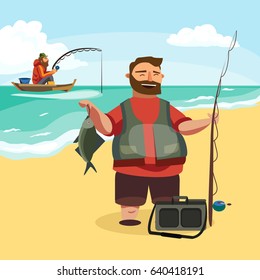 Happy fisherman stands and holds in hand fishing rod with spinning and fish catch, bag with fishman spin and equipment, funny cartoon vector illustration, Man active vacation banner or Flyer concept