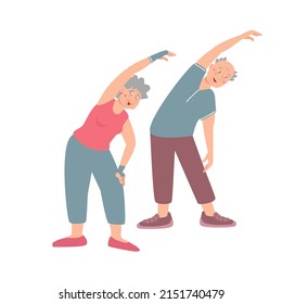 Feliz ejercicio a pareja de ancianos. Los hombres y las mujeres mayores y sanos hacen que el deporte se extienda. Abuelos y fitness. Ilustración vectorial dibujada a mano aislada en blanco. Diseño plano