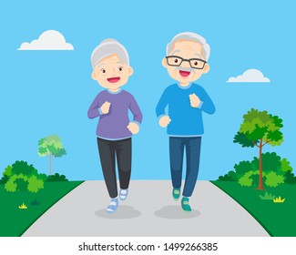 Happy fit senior couple exercising in park.eldery people character runs. Pensioners jogging together.Healthy lfestyle.