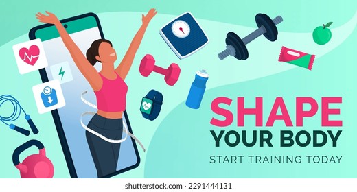 Happy fit woman coming out from a smartphone screen and fitness equipment tools