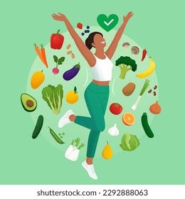 Happy fit woman smiling with arms raised, she is surrounded by many vegetables and fruits: healthy diet concept