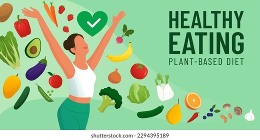 Happy fit woman smiling with arms raised, she is surrounded by many vegetables and fruits: healthy diet concept